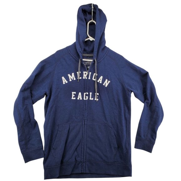 AMERICAN EAGLE Sweatshirt Men's Long Sleeve Hooded Full Zip Drawstring Blue Lg - Picture 1 of 12